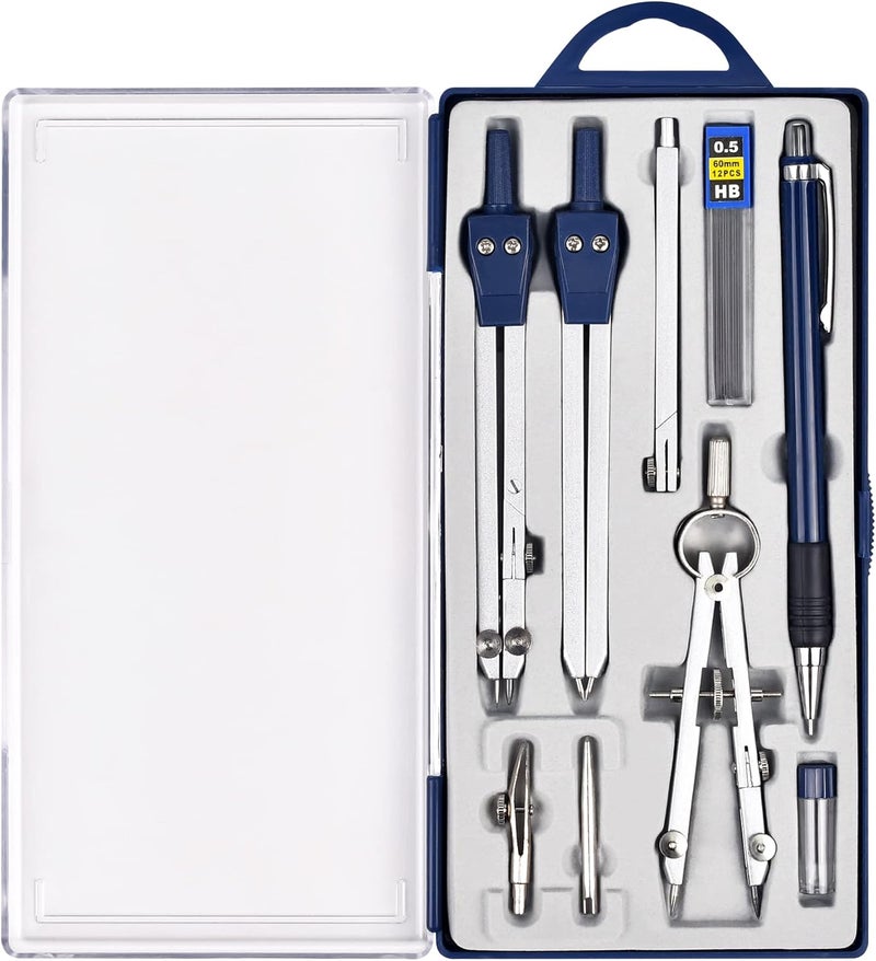 Unjoo 9Pcs Precision Geometry Set Metal Compass, Geometry Tool Tool Set with Shatterproof Storage Box, Circle Drafting Tool and Architecture, Drafting Kits for Engineers Students(Blue) - Image 1